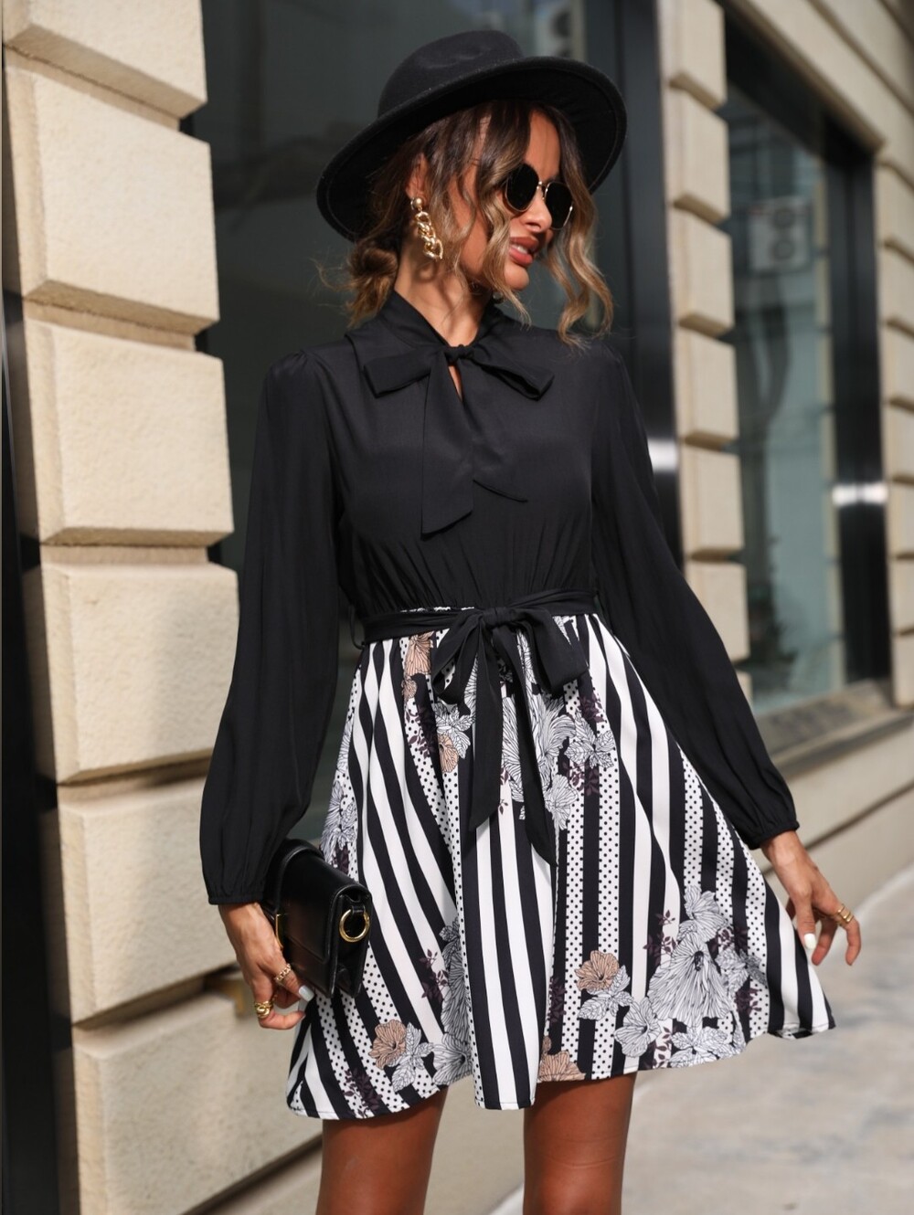 Black Long-Sleeve Tie-Neck Dress with Striped Mini Floral Skirt